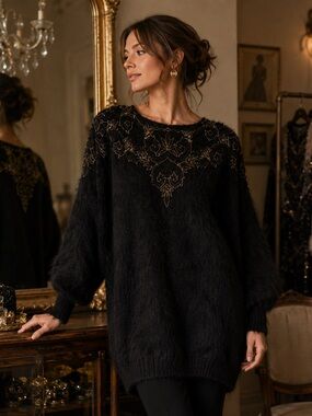 Vintage Venesha Black Angora Embroidered Beaded Sweater Size S Quiet Luxury Soft